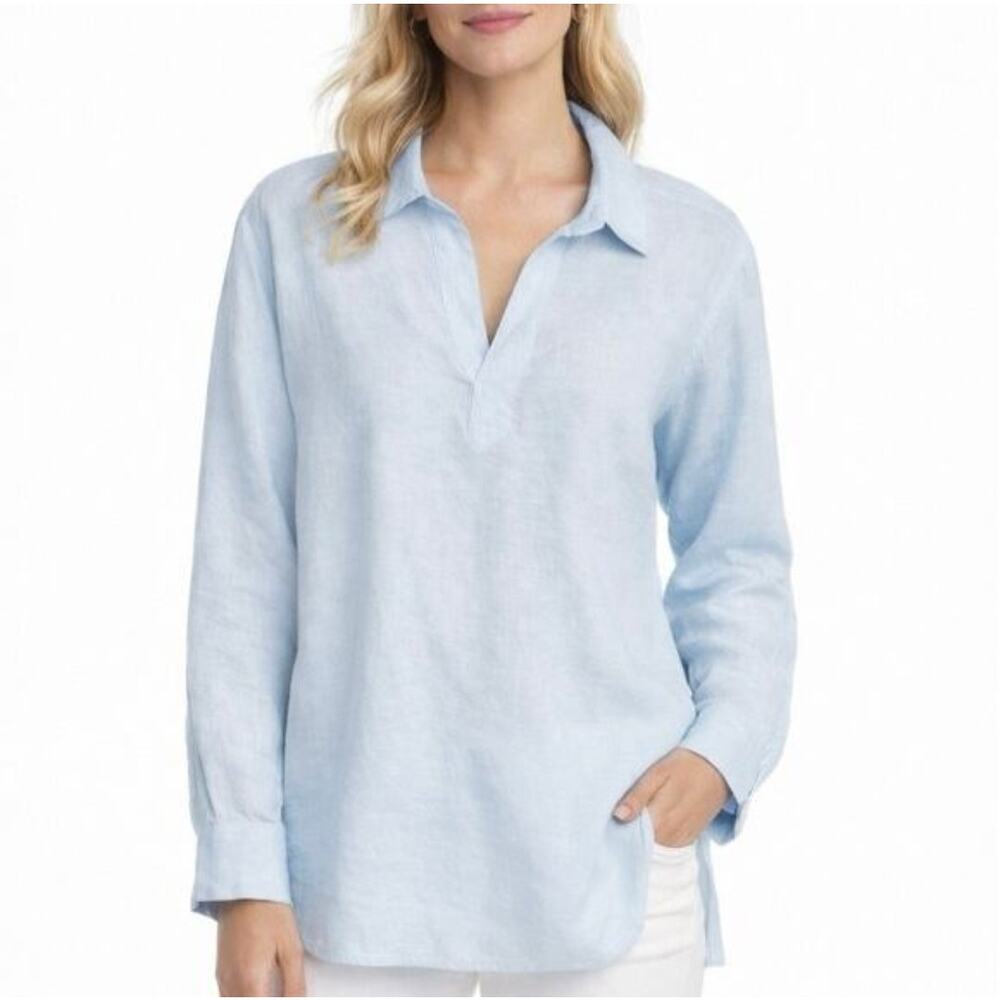 Calypso St. Barth Womens Blue 100% Linen Top Coastal Boho Resortwear Medium